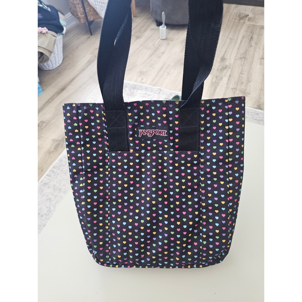 JanSport Tote Bag Black Multi Color Heart Print Pink Lining Canvas Shoulder Bag